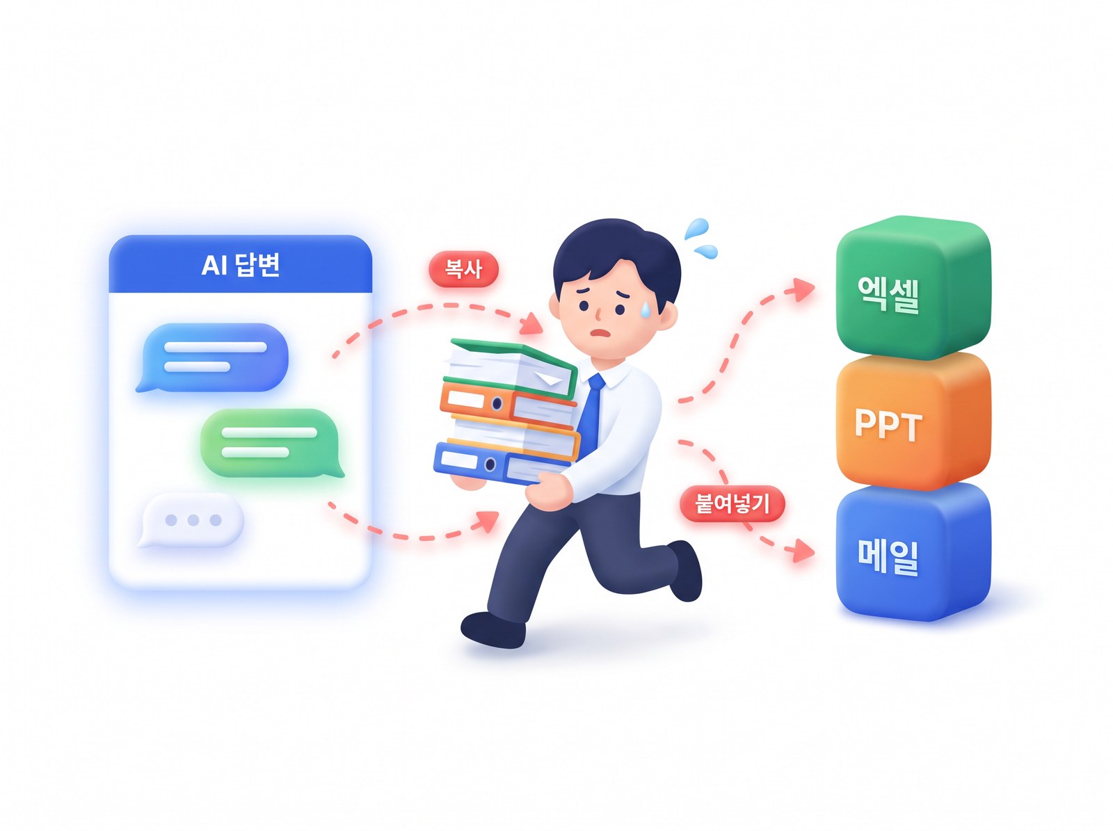 AI 답변을 사람이 복사·붙여넣기로 엑셀·PPT·메일에 나르는 도식