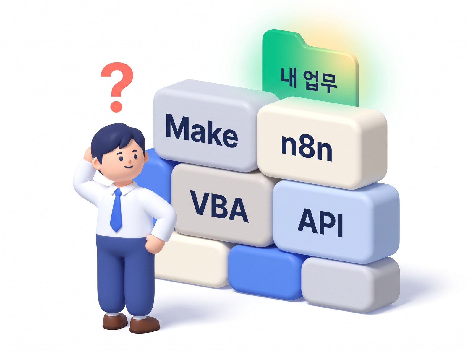 Make·n8n·VBA·API 툴과 내 업무 사이가 점선으로 끊겨 물음표로 남은 도식